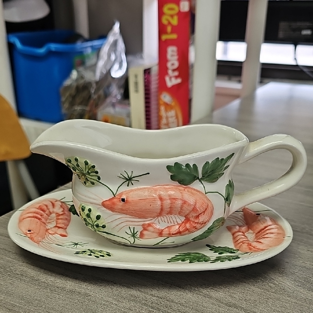 Majolica Shrimp And Oyster Gravy Boat With Under Plate
